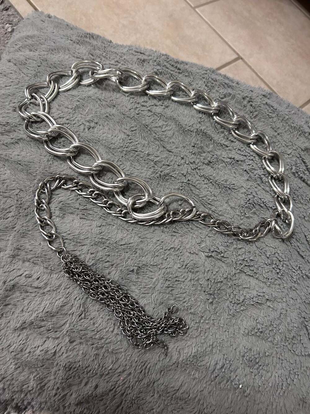 Y2K Vintage Silver Tone Double Link Chain Waist Belt with Tassel Dangle